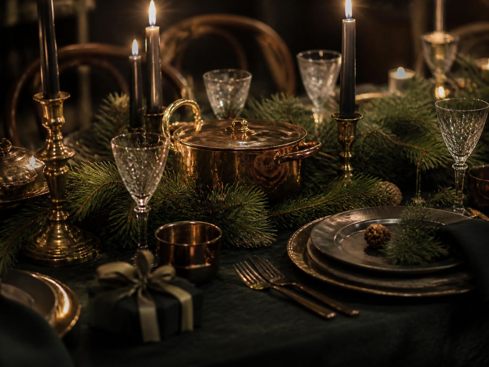 Elegante donkere kersttafel met kaarsen en koperen pan