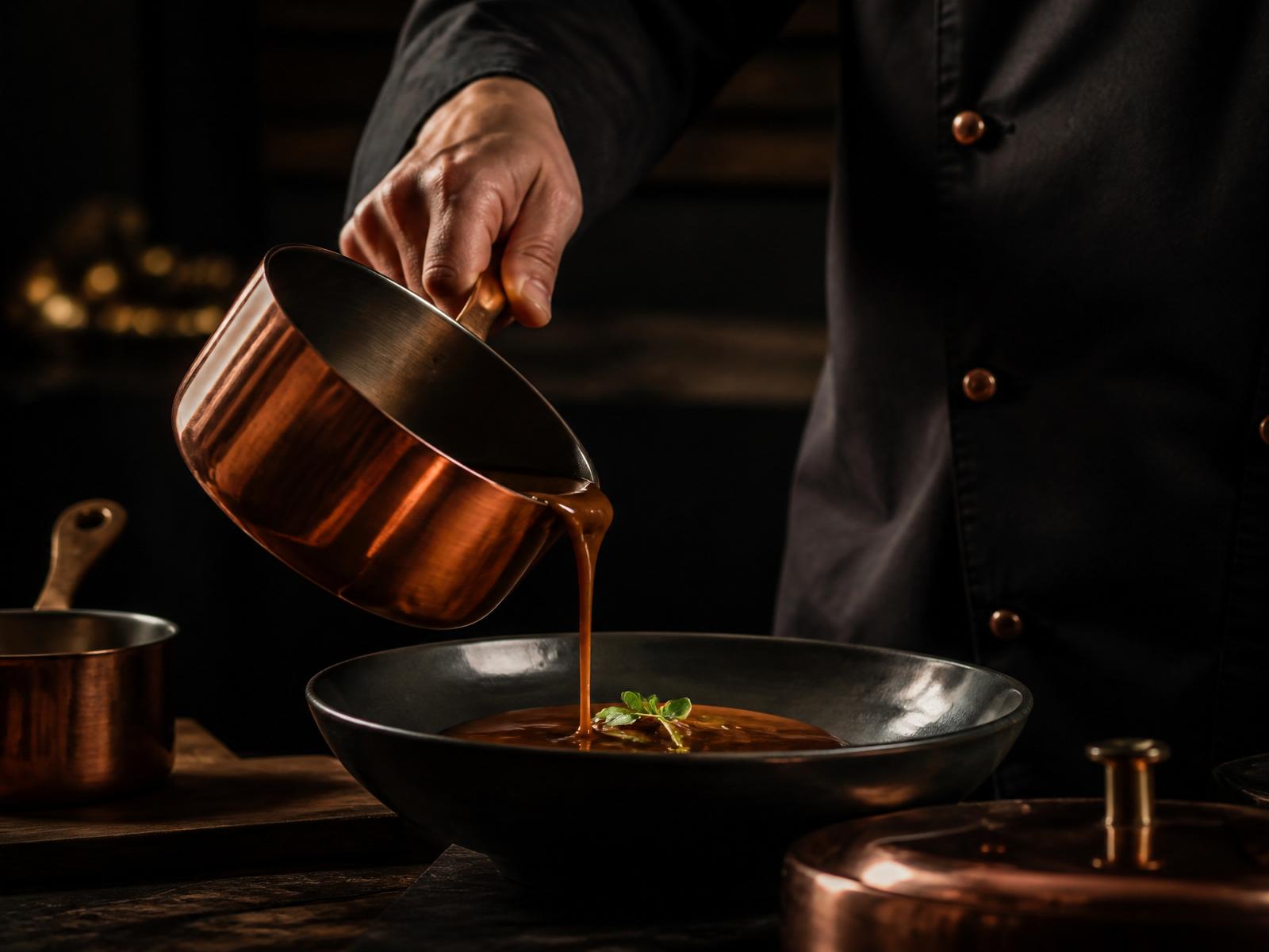 Chef schenkt saus uit een koperen pan